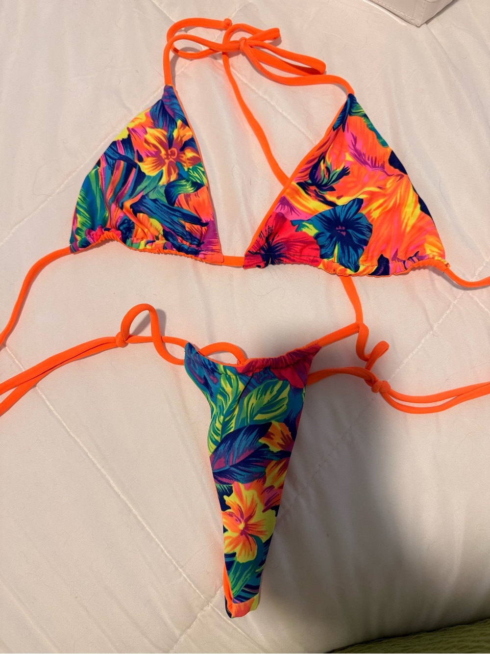 Neon Tropical Floral String Bikini - Orange